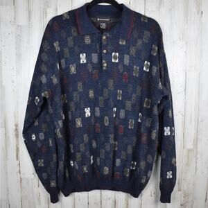 90s Vintage Sweater Men's Xlarge Tall XLT Blue Print Wool Blend Eclectic Grandpa